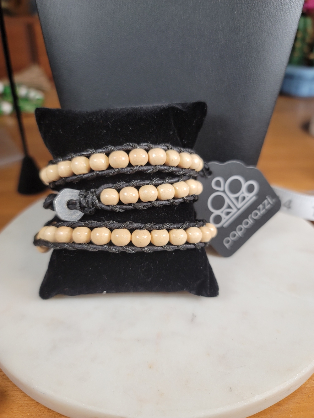 paparazzi Black Wrap Bracelet with Cream Beads